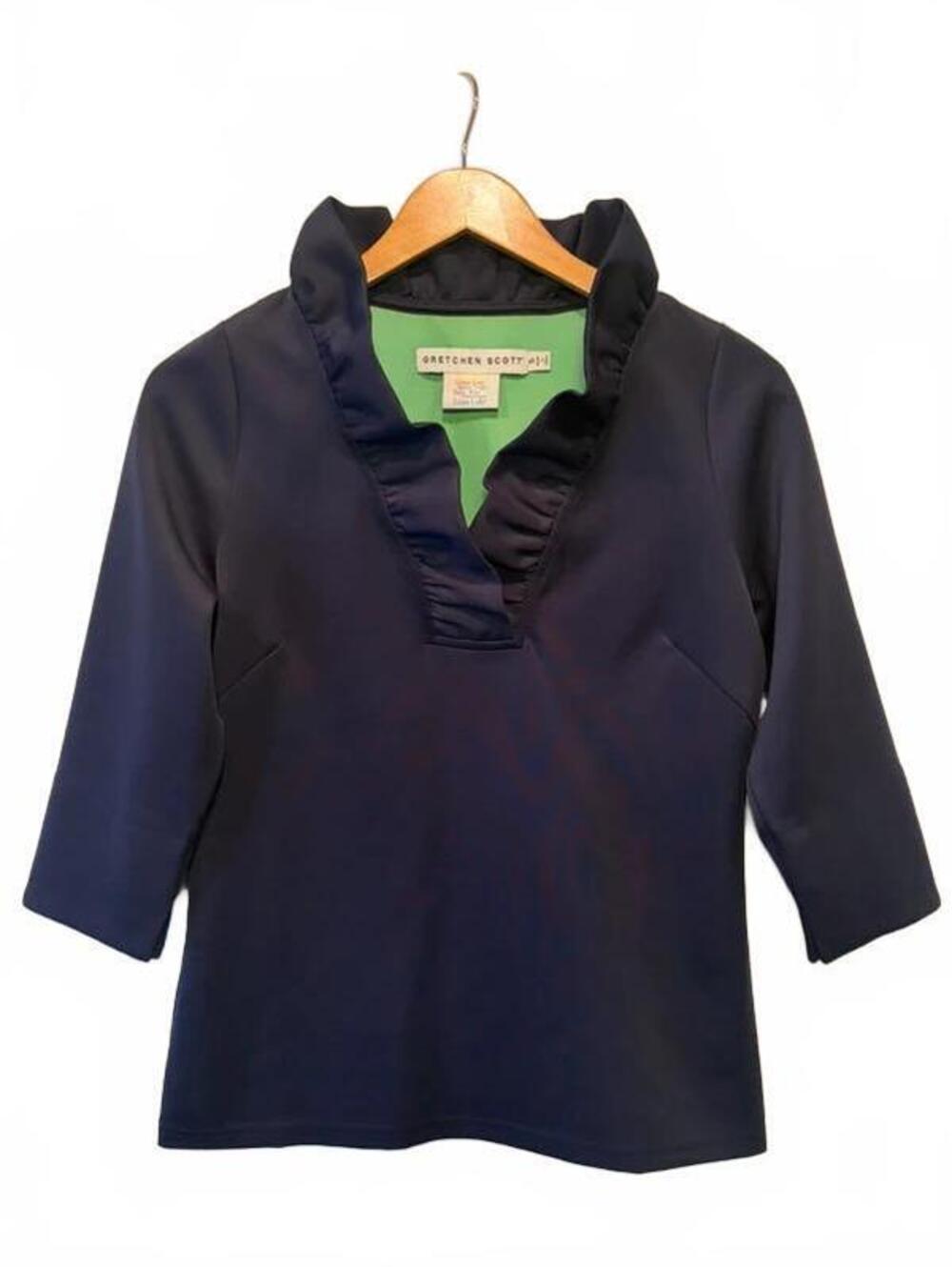Gretchen Scott Navy Ruffle Neck Top Size Small 3/4 Sleeve Stretch